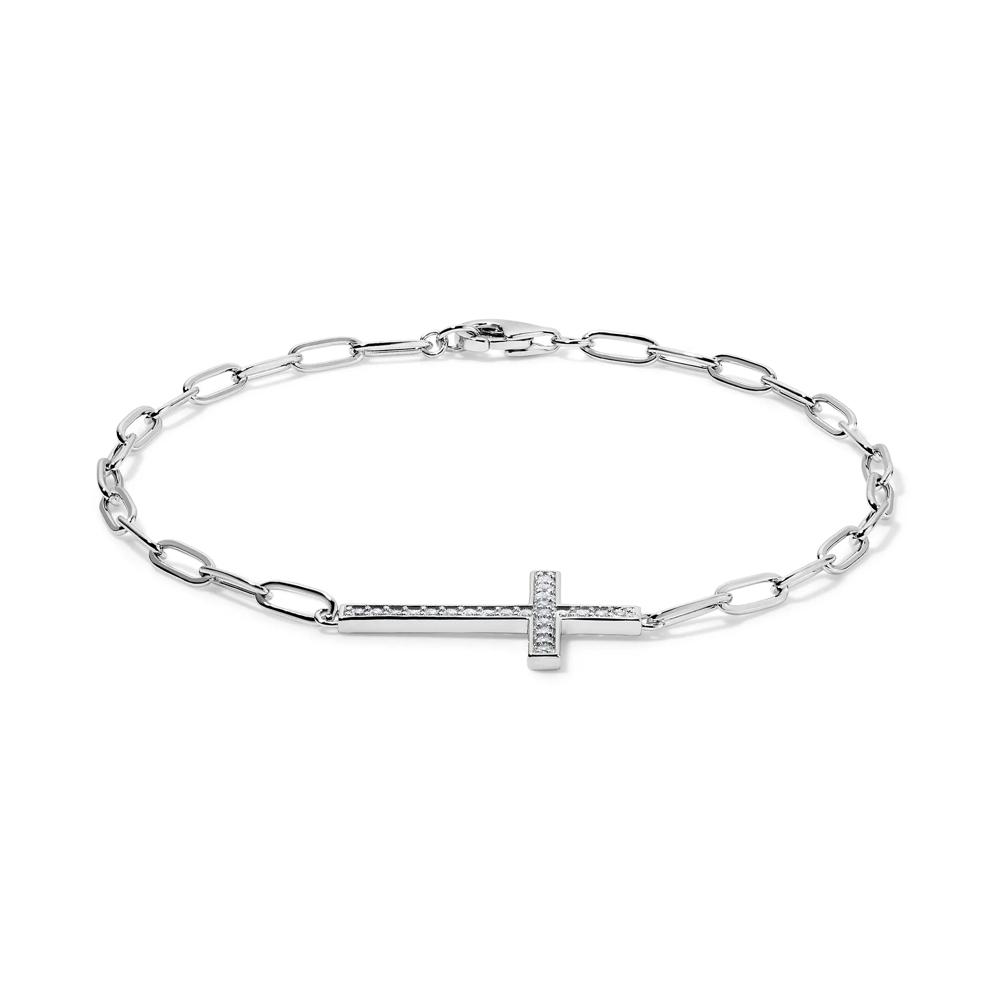 Lab-Created White Sapphire Cross Paperclip Chain Bracelet in Sterling Silver, 7.5" – Image 2 of 2