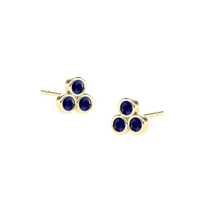 Blue Sapphire Three-Stone Pyramid Stud Earrings in 14K Yellow Gold