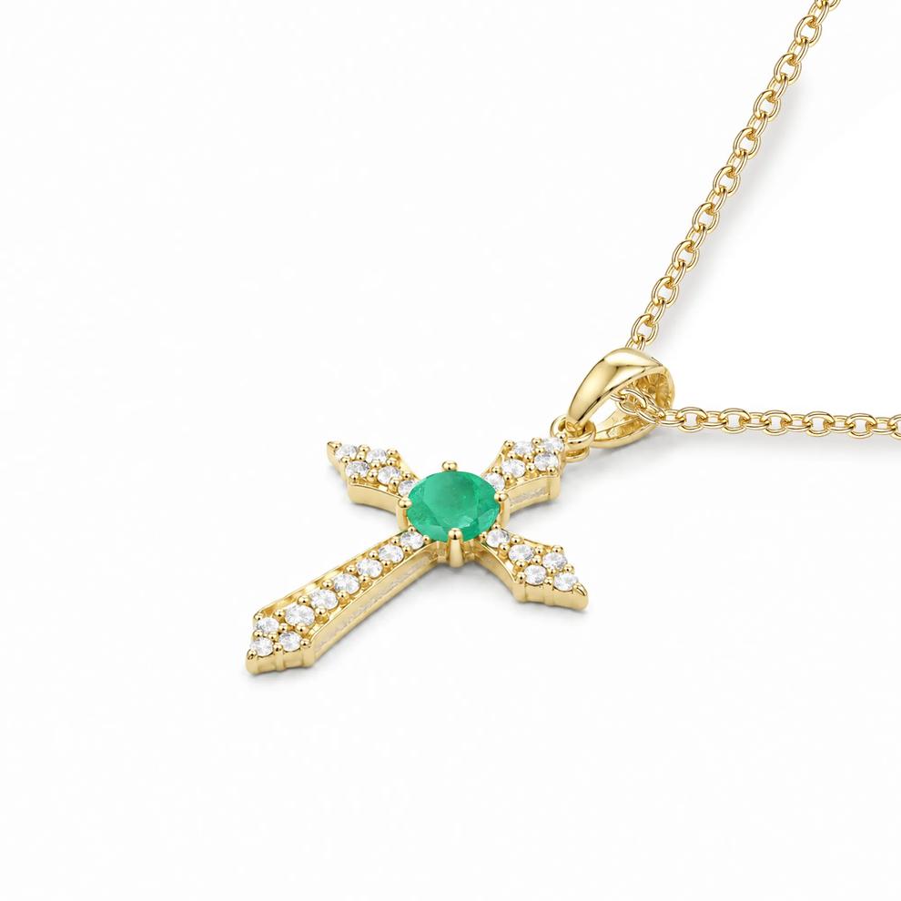Emerald &amp; Diamond Accent Cross Pendant Necklace in 10K Yellow Gold – Image 4 of 4
