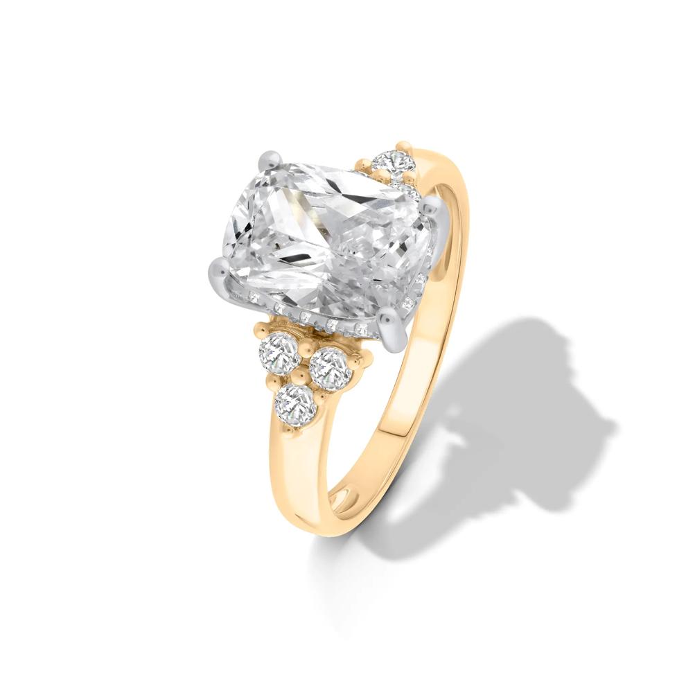 Lab Grown Diamond Elongated Cushion Center Engagement Ring in 14K Yellow &amp; White Gold (3 3/8 ct. tw.) – Image 4 of 4