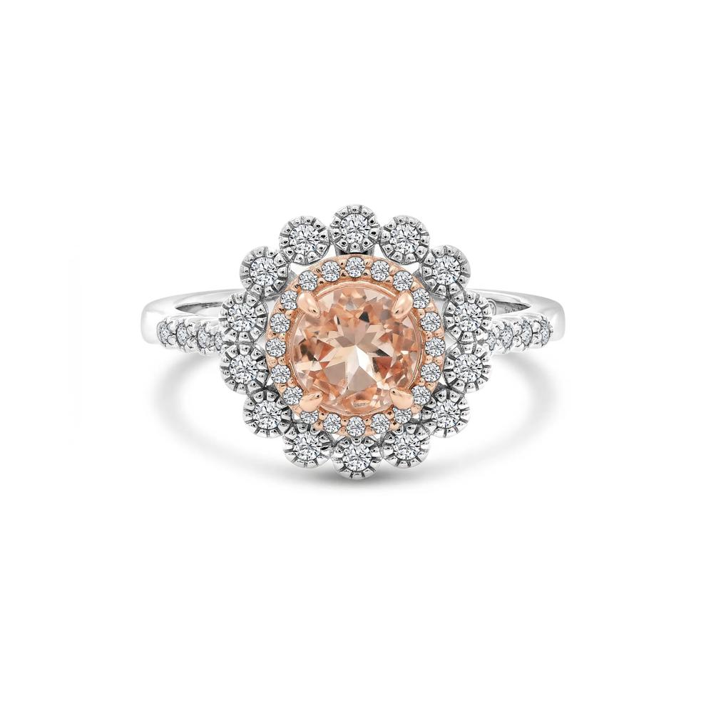 Round Morganite &amp; Diamond Halo Ring in 10K White &amp; Rose Gold (1/4 ct. tw.) – Image 1 of 4