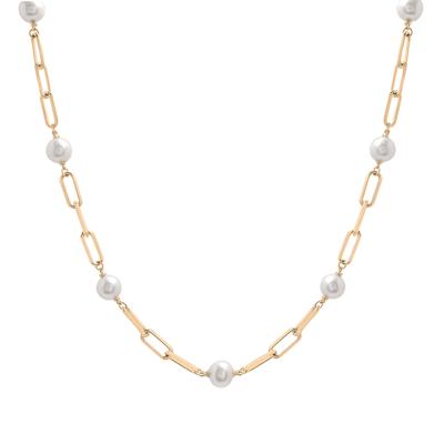 Pearl and Paperclip Chain Station Necklace in Vermeil, 18"
