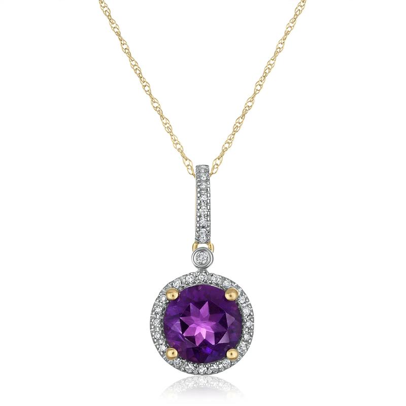 Amethyst and Diamond Halo Pendant in 10K Yellow Gold &#40;1/10 ct. tw.&#41; – Image 1 of 3
