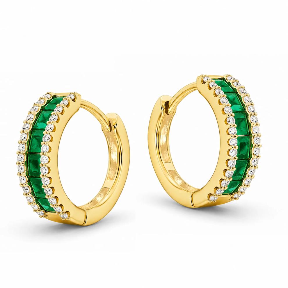 Emerald &amp; Diamond Hoop Earrings in 10K Yellow Gold (1/4 ct. tw.) – Image 1 of 2