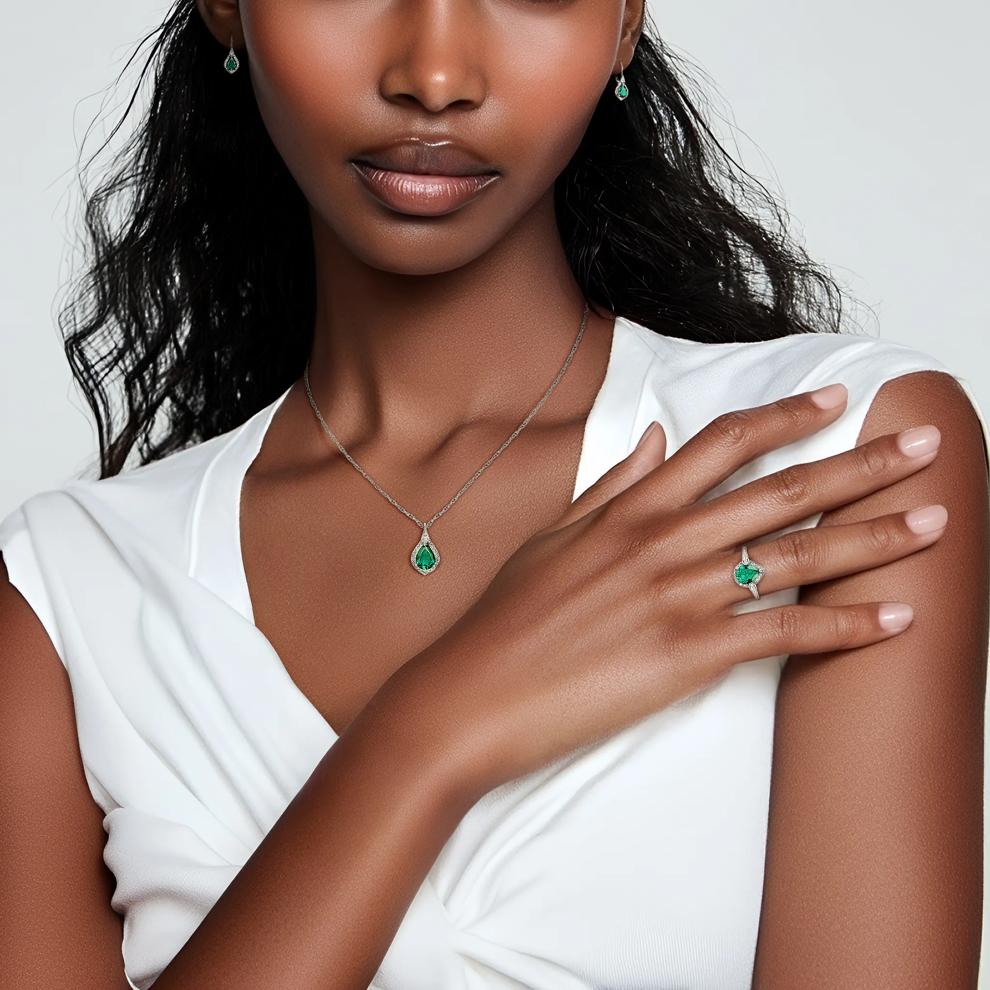 Pear-Shaped Lab Created Emerald Earring, Pendant &amp; Ring Set in Sterling Silver – Image 10 of 10