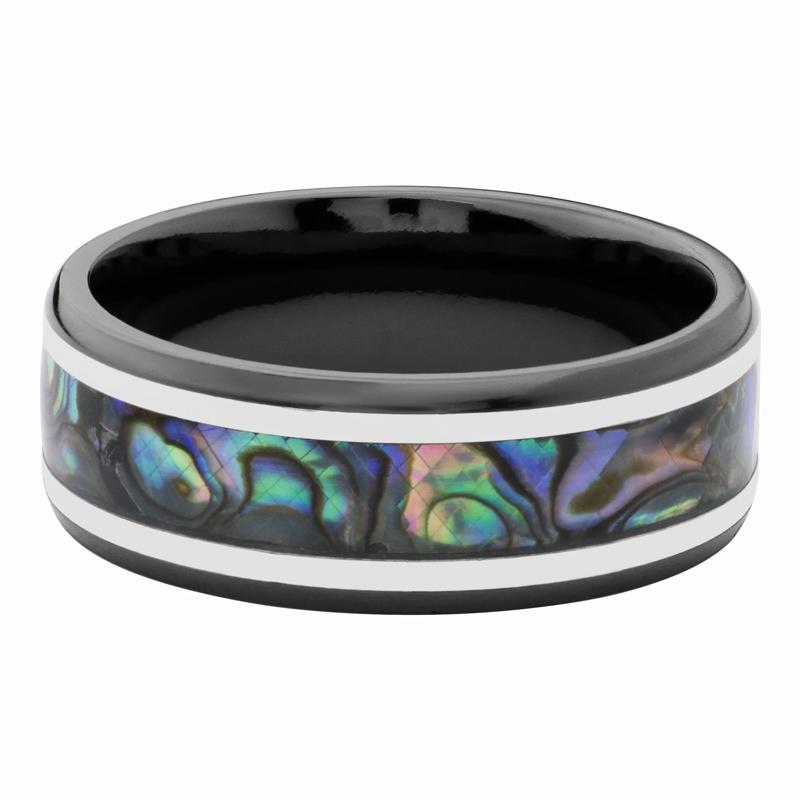 Men&rsquo;s Abalone &amp; Sterling Silver Inlay Wedding Band in Zirconium, 8MM  – Image 1 of 3