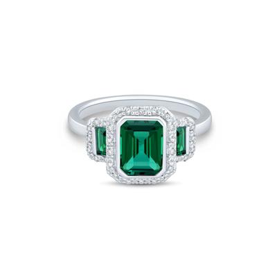 Lab-Created Emerald & Lab-Created White Sapphire Three-Stone Halo Ring in Sterling Silver