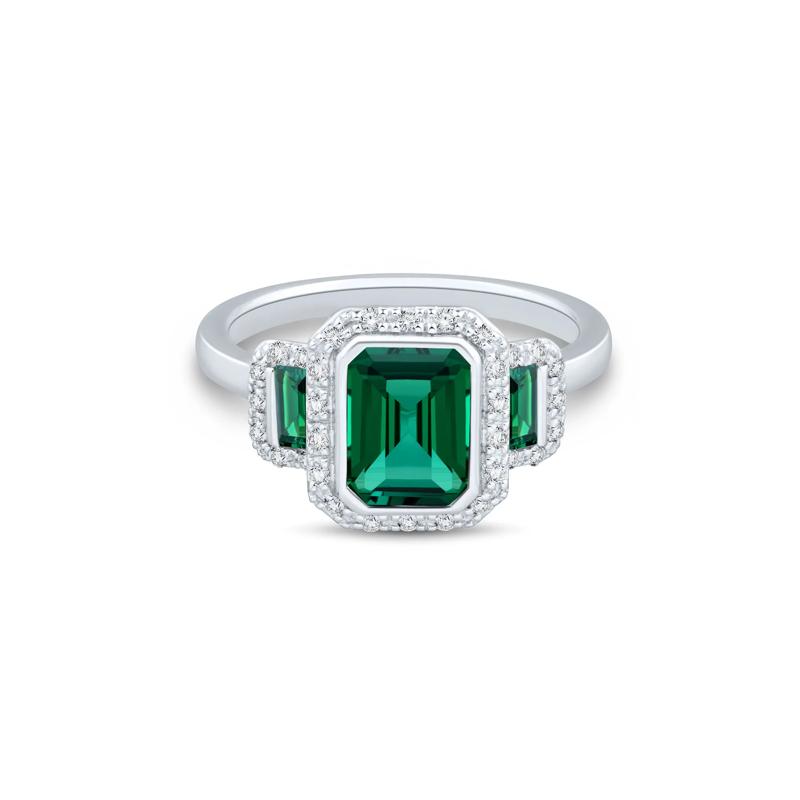 Lab-Created Emerald &amp; Lab-Created White Sapphire Three-Stone Halo Ring in Sterling Silver – Image 1 of 3