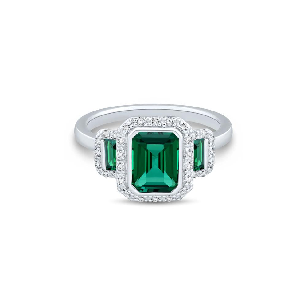 Lab-Created Emerald &amp; Lab-Created White Sapphire Three-Stone Halo Ring in Sterling Silver – Image 1 of 3