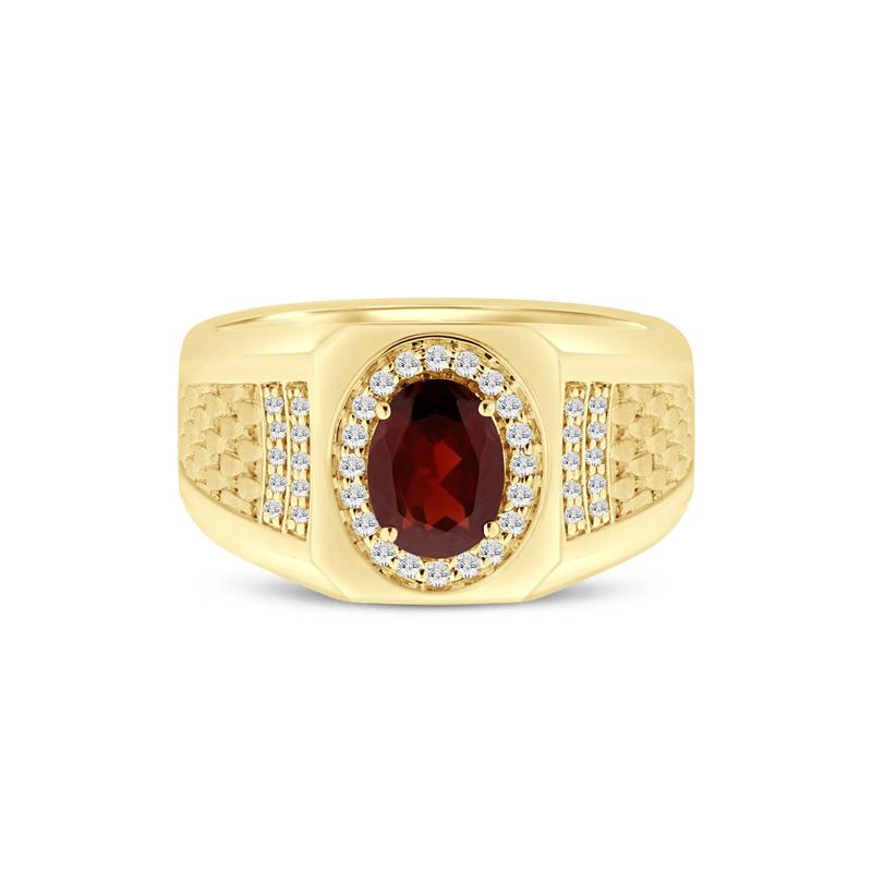 Men&#39;s Garnet and Diamond Ring in 10K Yellow Gold &#40;1/4 ct. tw.&#41; – Image 1 of 3