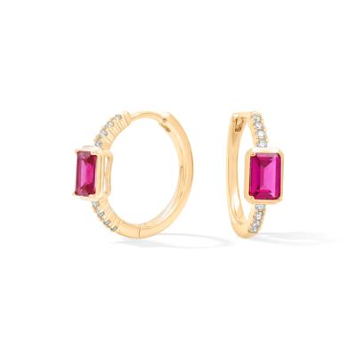 Lab-Created Ruby & Lab-Created White Sapphire Prong Hoops in 14K Gold Vermeil