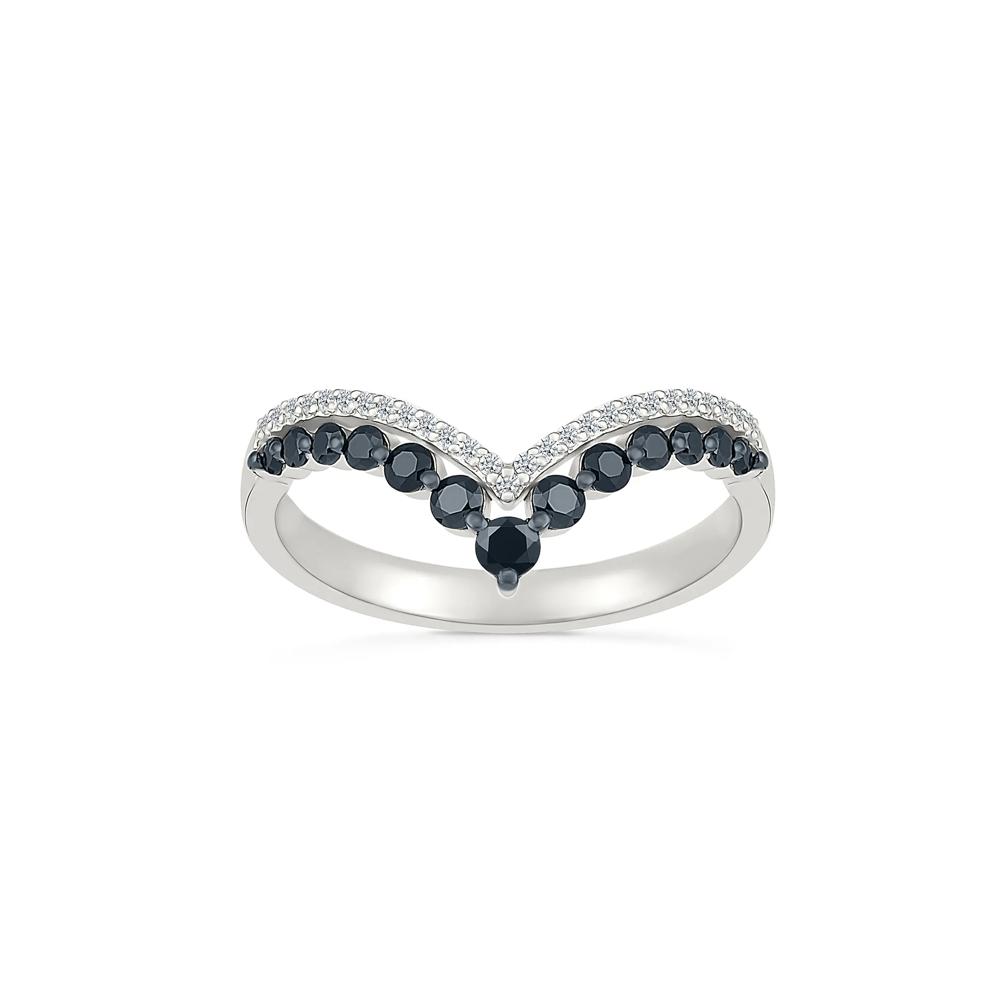 Black and White Diamond Chevron Double-Row Ring in Sterling Silver – Image 1 of 5