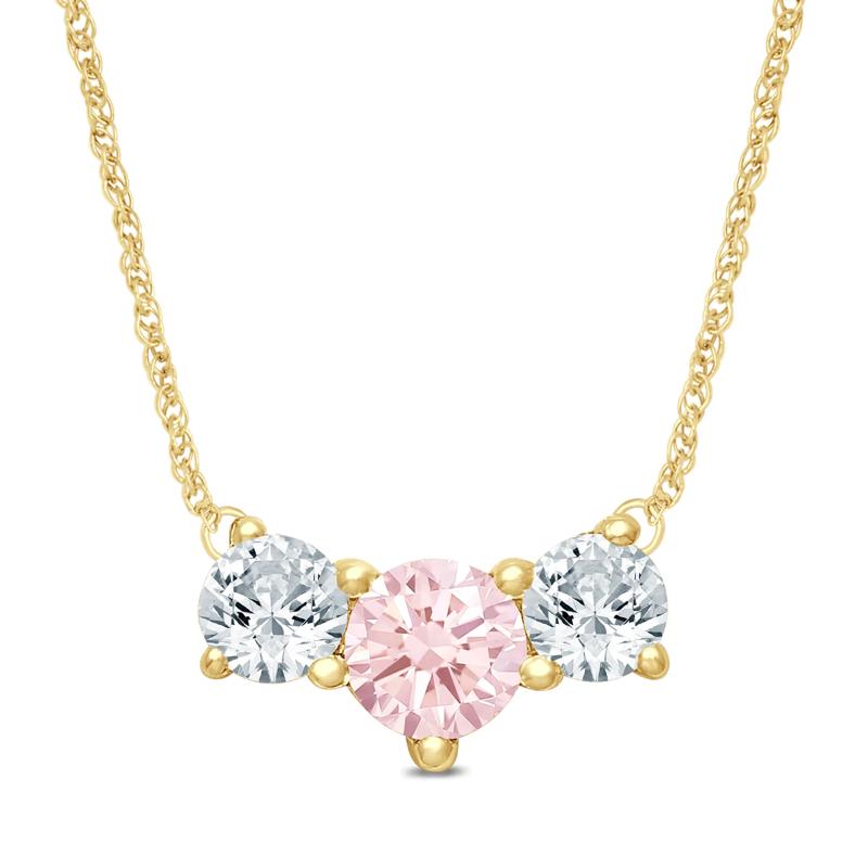Lab Grown Diamond Pink and White Diamond Three-Stone Necklace in 14K Yellow Gold (1/2 ct. tw.) – Image 1 of 3