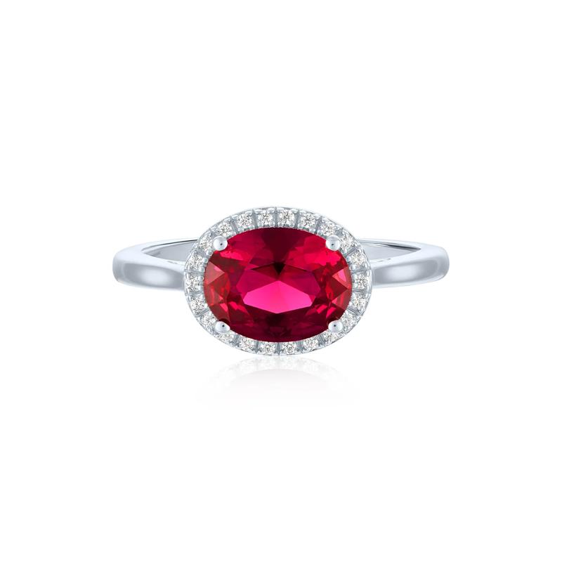 Lab-Created Ruby and Diamond Accent Halo Ring in Sterling Silver – Image 1 of 3