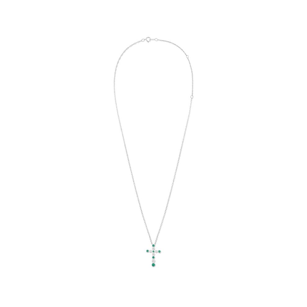 Lab-Created Emerald &amp; Lab-Created White Sapphire Bezel-Set Cross Pendant Necklace in Sterling Silver – Image 3 of 4
