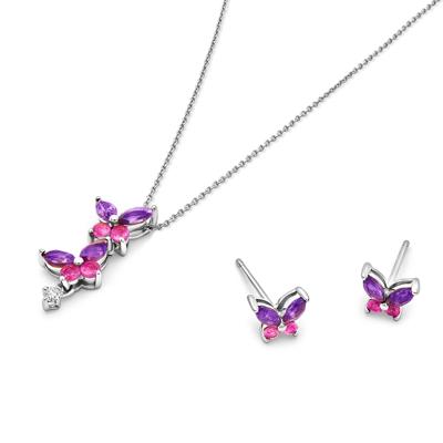 Amethyst & Lab-Created Pink & White Sapphire Butterfly Pendant & Earrings Boxed Set in Sterling Silver