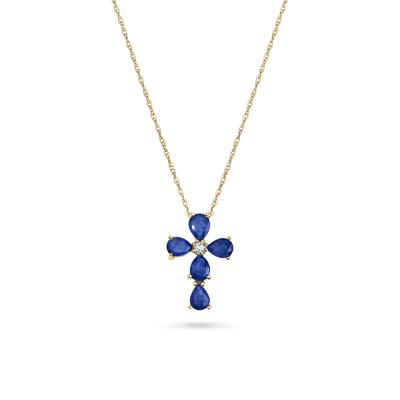 Blue Sapphire & Diamond Accent Cross Pendant Necklace in 10K Yellow Gold