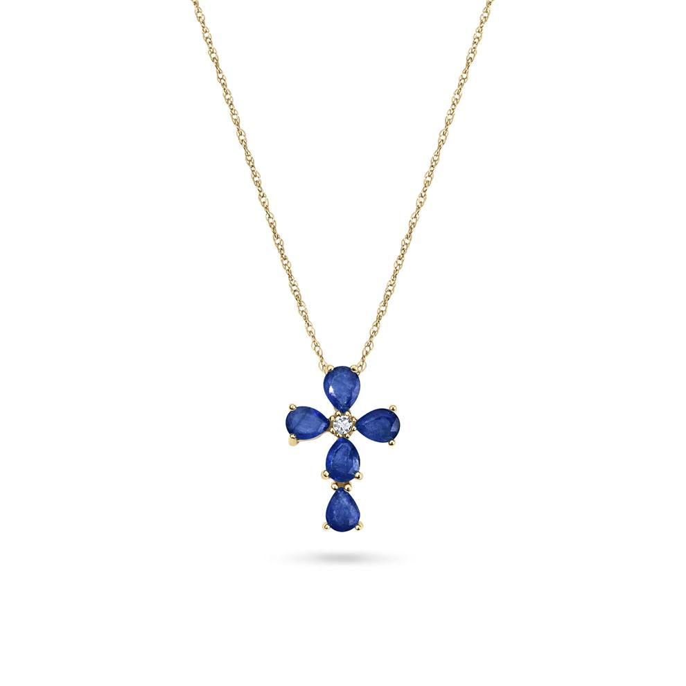 Blue Sapphire &amp; Diamond Accent Cross Pendant Necklace in 10K Yellow Gold – Image 1 of 4