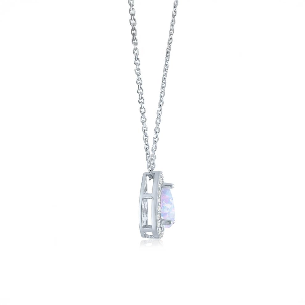 Lab-Created Opal &amp; Diamond Halo Pendant Necklace in Sterling Silver (1/5 ct. tw.) – Image 2 of 4