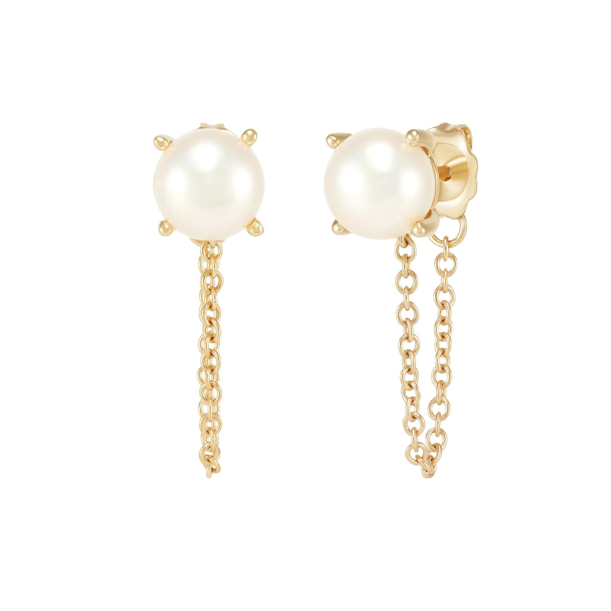 White Freshwater Pearl Stud Earrings with Chain in 10K Yellow Gold