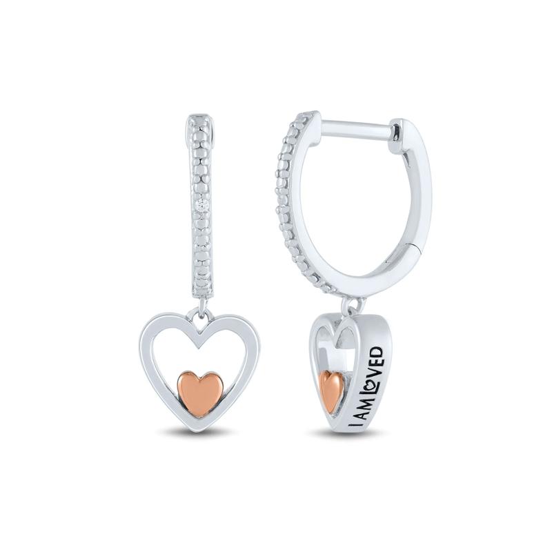 Diamond Accent Dangle Heart Huggie Earrings in Sterling Silver and 14K Rose Gold – Image 1 of 2