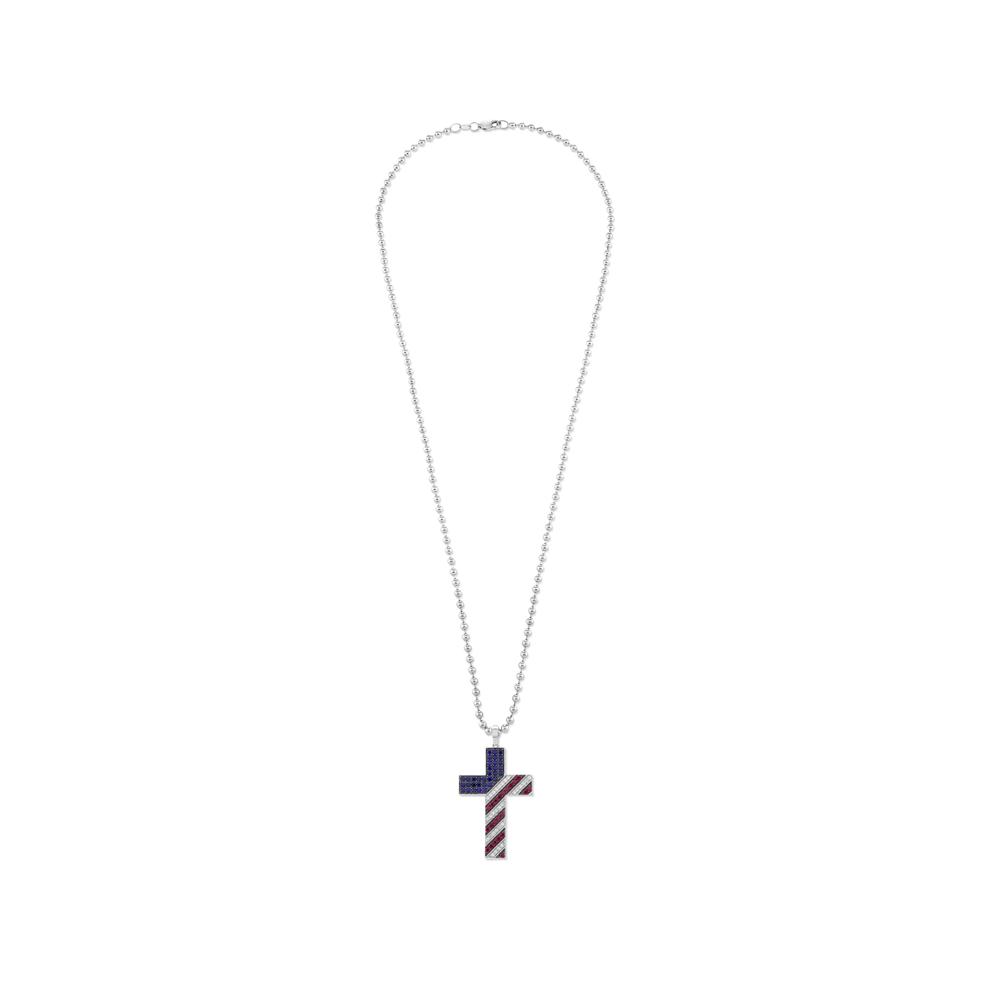 Lab-Created Sapphire, Lab-Created Ruby, &amp; Lab-Created White Sapphire American Flag Cross Pendant Necklace in Sterling Silver – Image 3 of 4