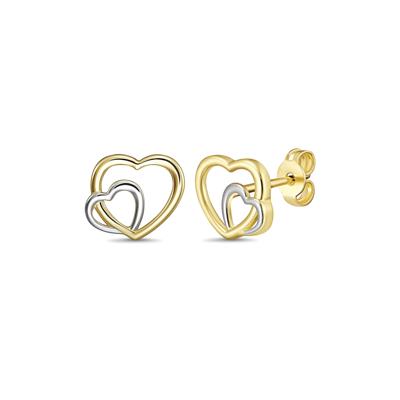 Double Heart Stud Earrings in 10K White & Yellow Gold