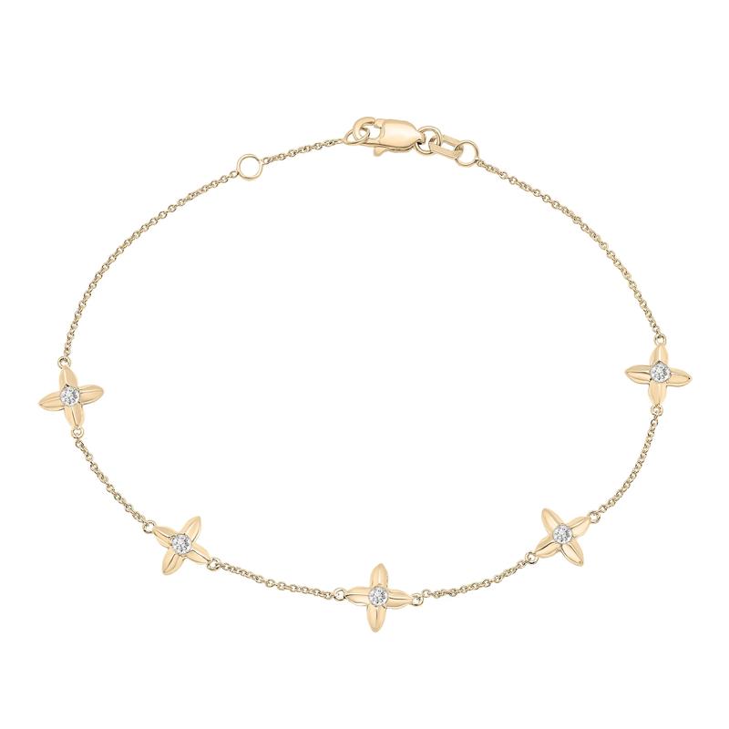 Diamond Flower Station Bracelet in 10K Yellow Gold &#40;1/7 ct. tw.&#41; – Image 1 of 1