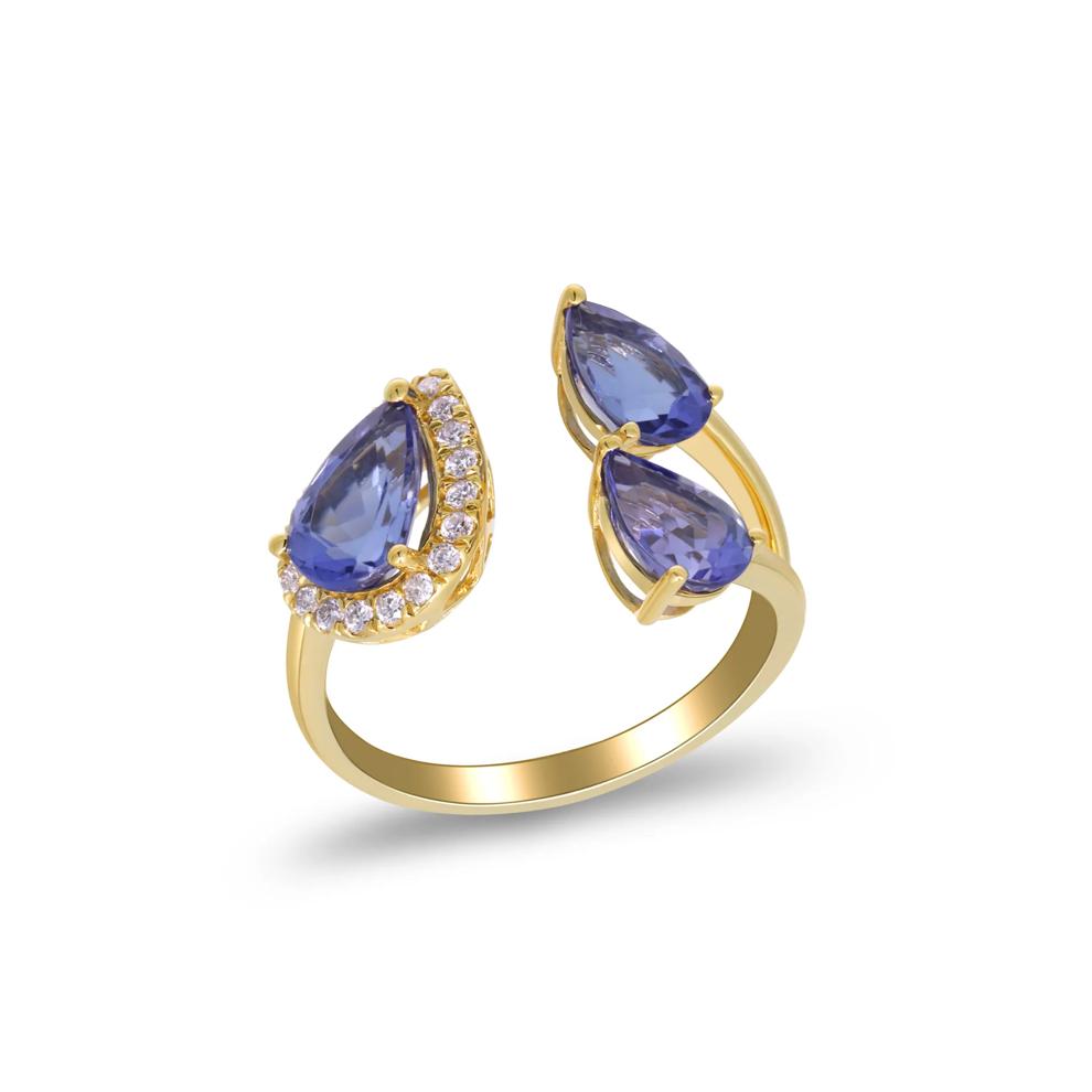 Tanzanite and Diamond Accent Three-Stone Ring in 10K Yellow Gold (1/7 ct. tw.) – Image 4 of 5