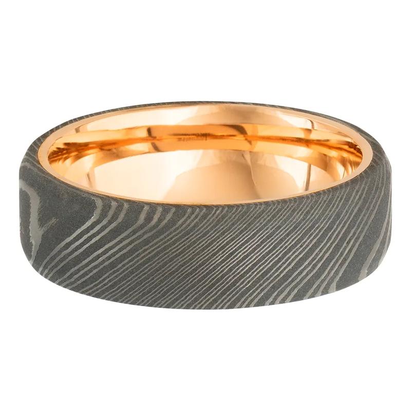 Men&rsquo;s Wedding Band with 14K Rose Gold in Damascus Steel, 7mm – Image 4 of 4
