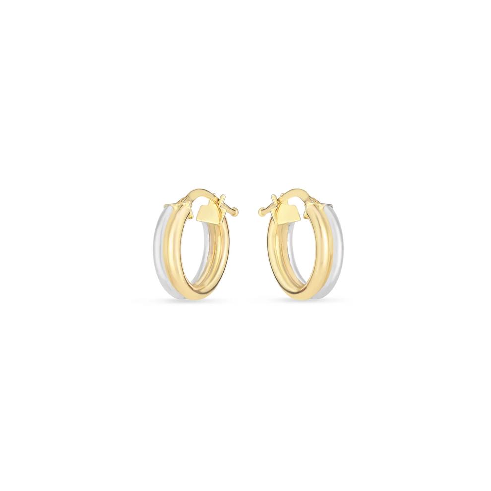 Huggie Hoop Earrings in 14K Yellow and White Gold, 15MM – Image 2 of 2