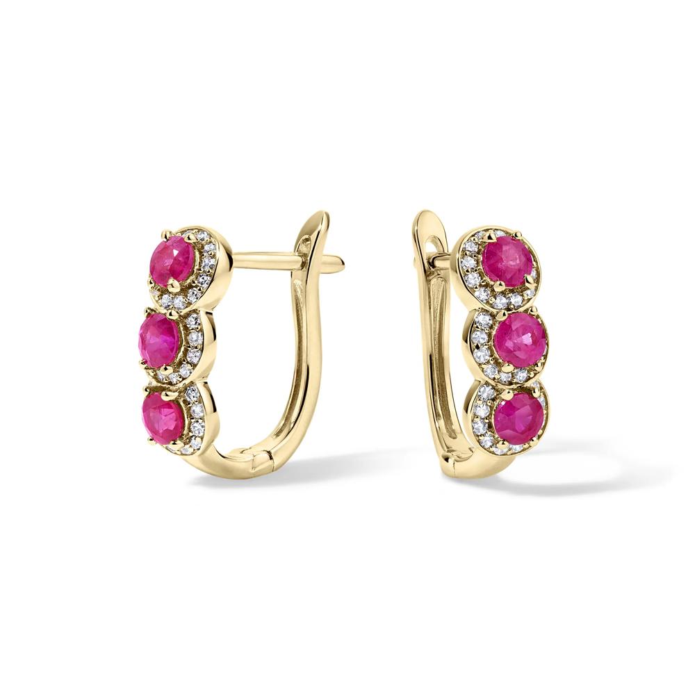Ruby &amp; Diamond Three-Stone Hoop Earrings in 10K Yellow Gold (1/4 ct. tw.) – Image 1 of 2