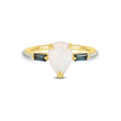 Pear-Shaped Lab-Created Opal, London Blue Topaz & Diamond Accent Ring in 10K Yellow Gold