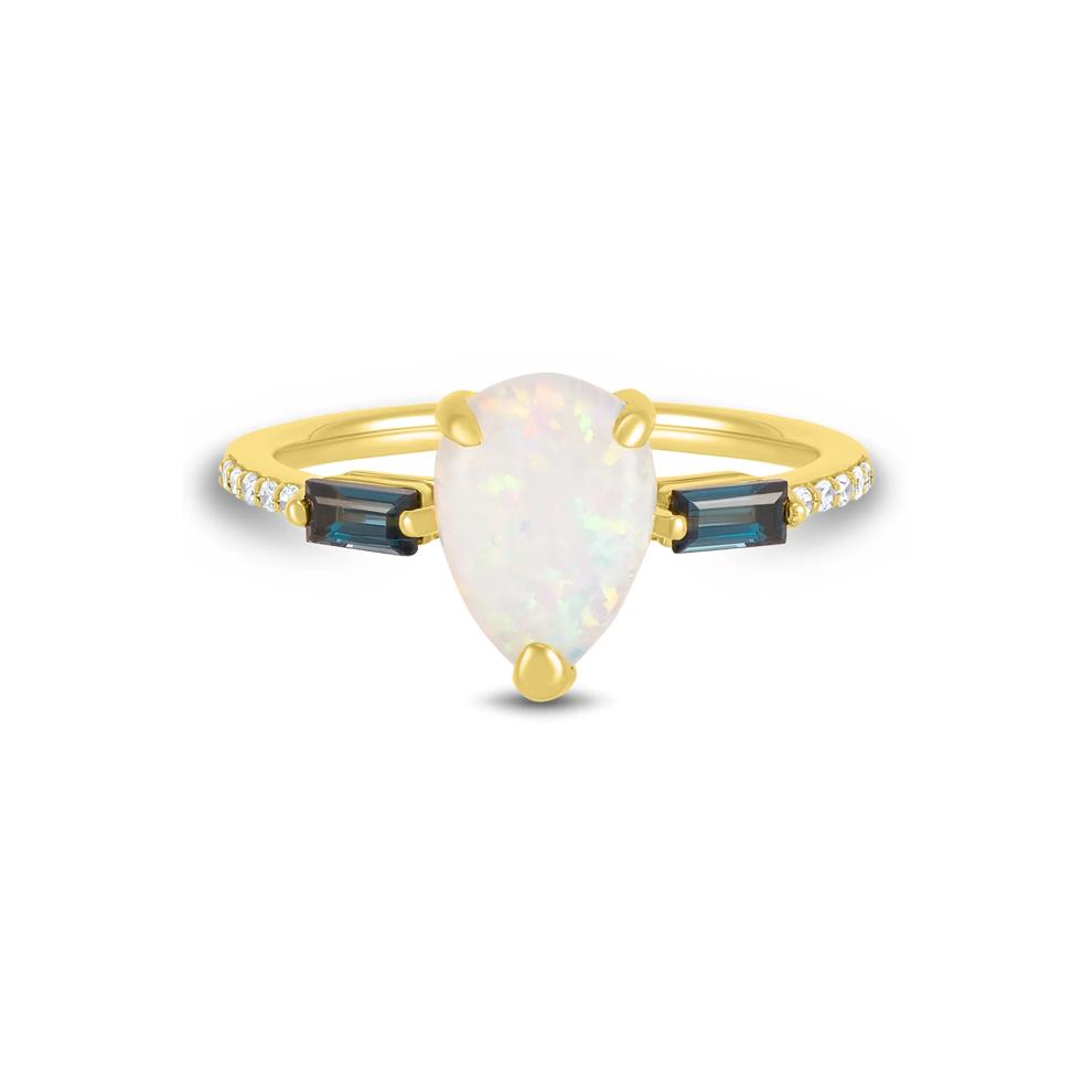 Pear-Shaped Lab-Created Opal, London Blue Topaz &amp; Diamond Accent Ring in 10K Yellow Gold – Image 1 of 3