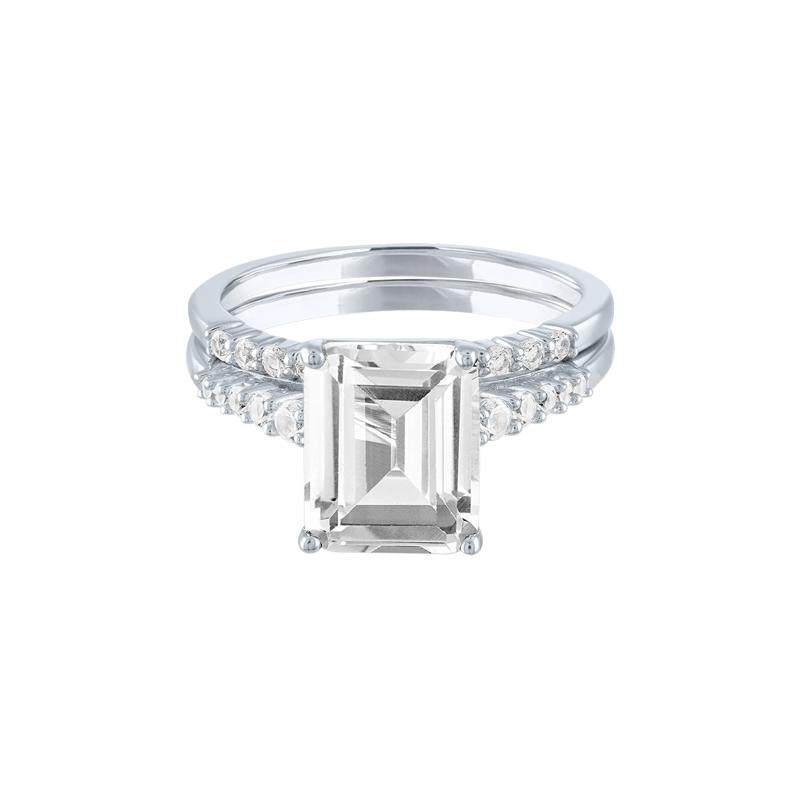 Promise Ring Set with Emerald-Cut Lab Created White Sapphire in Sterling Silver – Image 1 of 3
