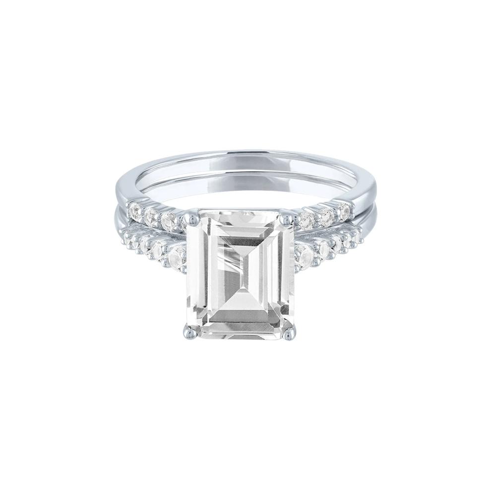 Promise Ring Set with Emerald-Cut Lab Created White Sapphire in Sterling Silver – Image 1 of 3
