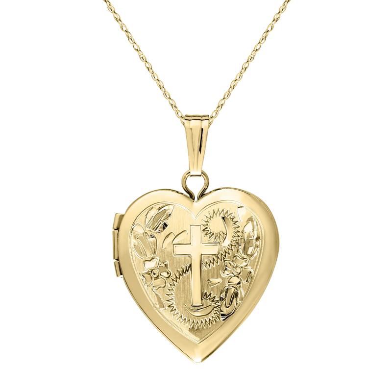 Heart-Shaped Floral Cross Locket in 14K Yellow Gold – Image 1 of 4