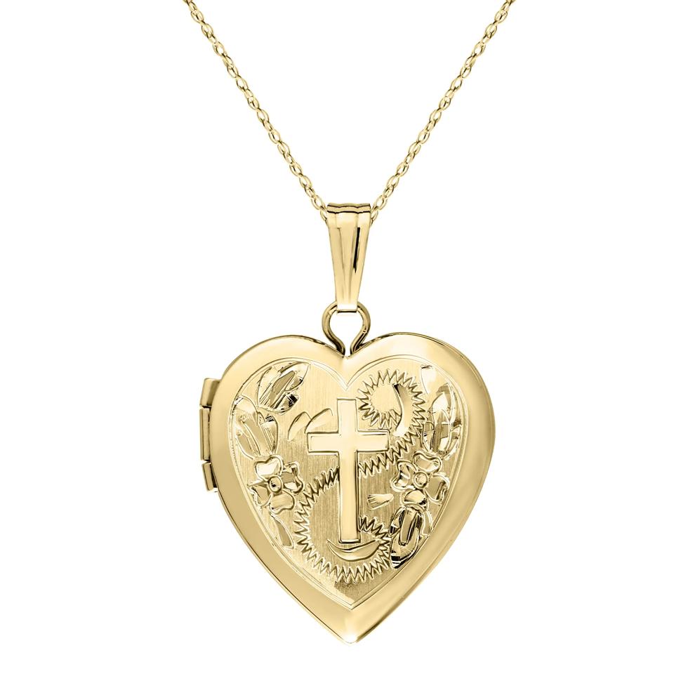 Heart-Shaped Floral Cross Locket in 14K Yellow Gold – Image 1 of 4
