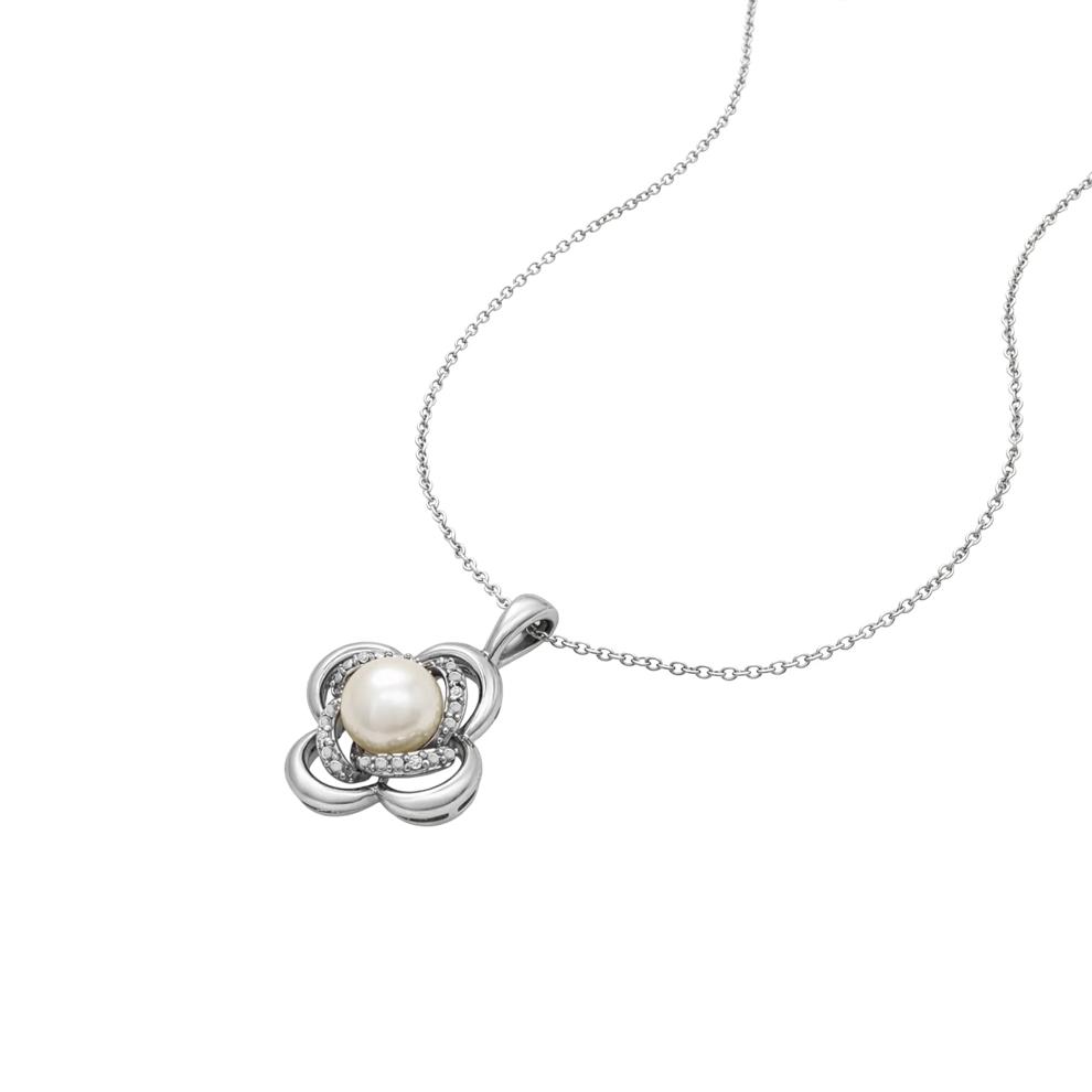 Freshwater Cultured Pearl &amp; Diamond Accent Clover Pendant Necklace in Sterling Silver – Image 4 of 4