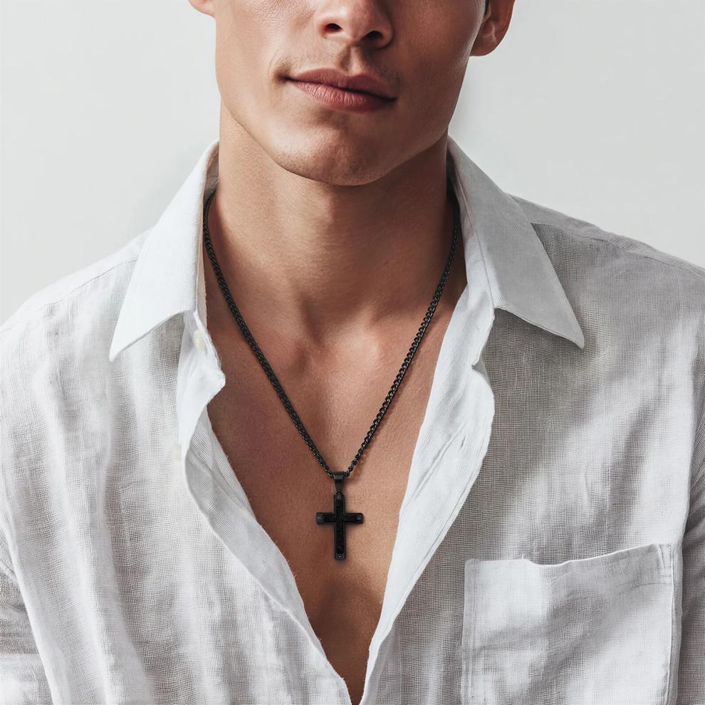 Men&rsquo;s Black Diamond Cross Pendant in Black Carbon Fiber &amp; Black Stainless Steel – Image 4 of 4