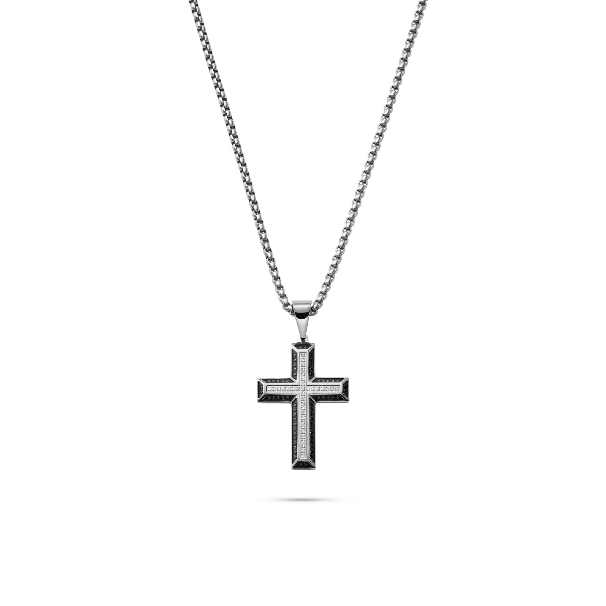Black and White Diamond Cross in Stainless Steel
