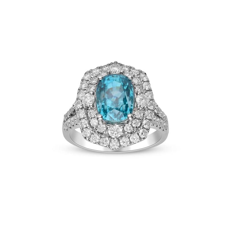 Oval Blue Zircon &amp; Diamond Double Halo Ring in 14K White Gold &#40;1 1/3 ct. tw.&#41; – Image 2 of 5