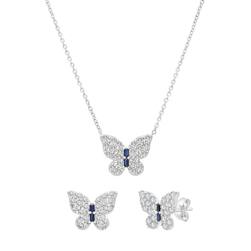 Lab-Created Blue and White Sapphire Butterfly Pendant and Stud Earring Box Set in Sterling Silver – Image 1 of 6