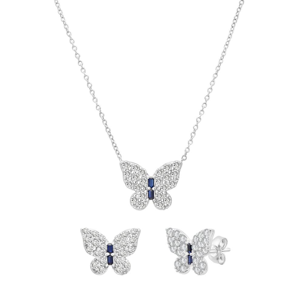 Lab-Created Blue and White Sapphire Butterfly Pendant and Stud Earring Box Set in Sterling Silver – Image 1 of 6