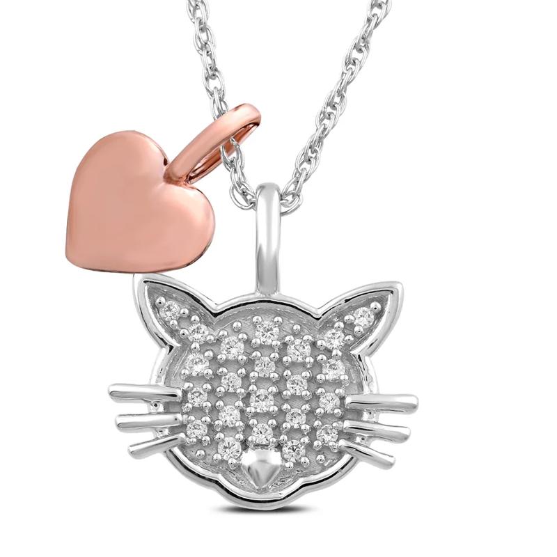 Diamond Cat Necklace with 10K Rose Gold Heart in Sterling Silver (1/10 ct. tw.) – Image 1 of 3