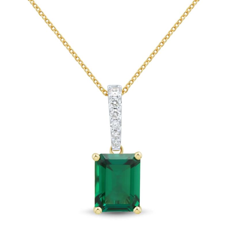 Lab-Created Emerald and Lab Grown Diamond Pendant in 10K Yellow Gold &#40;1/10 ct. tw.&#41; – Image 1 of 3