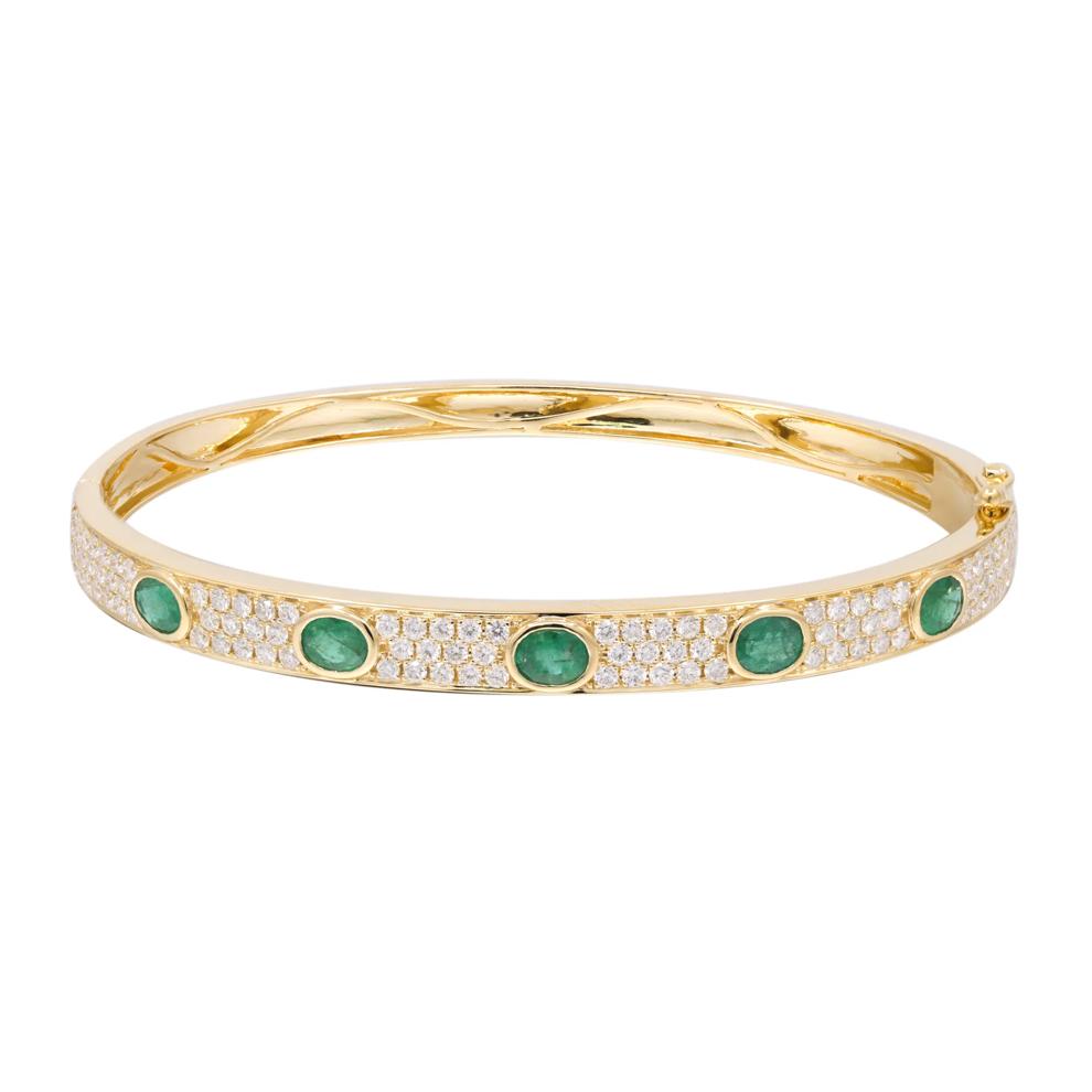 Emerald &amp; Diamond Bangle Bracelet in 18K Yellow Gold, 7.25" (1 3/4 ct. tw.) – Image 1 of 2
