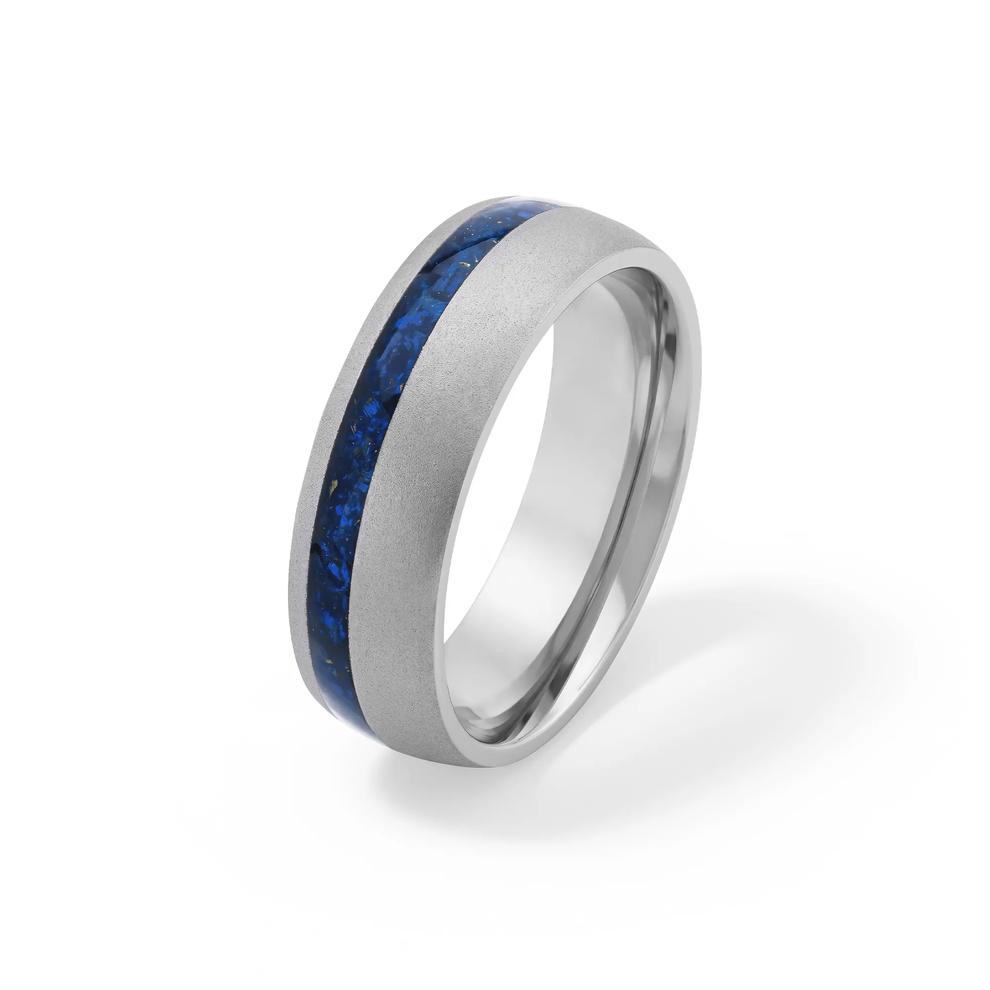 Men&rsquo;s Blue Tiger&rsquo;s Eye Mosaic Inlay Wedding Band in Titanium, 7mm – Image 4 of 4