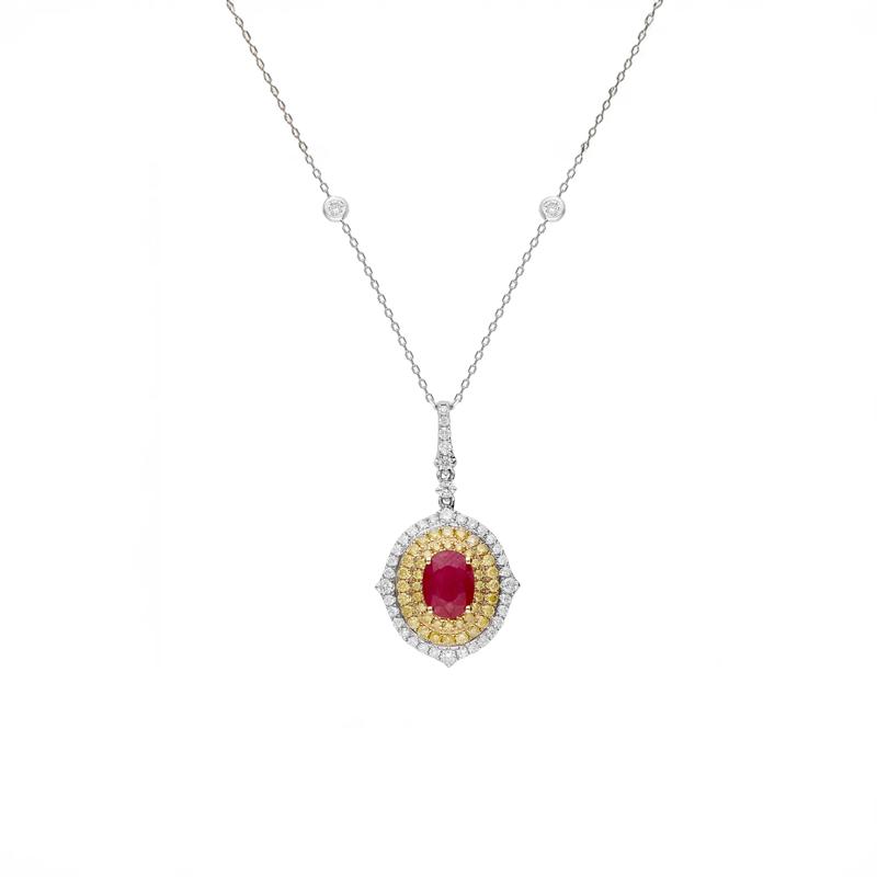 Oval Ruby &amp; Diamond Halo Pendant in 14K White &amp; Yellow Gold &#40;7/8 ct. tw.&#41; – Image 1 of 3