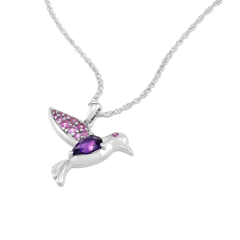 Purple Amethyst &amp; Lab-Created Pink Sapphire Hummingbird Pendant Necklace in Sterling Silver – Image 4 of 4